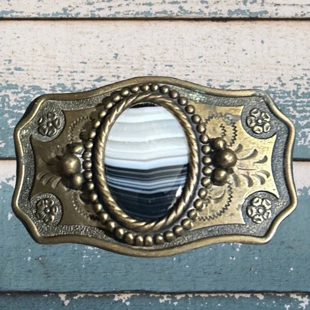 Vtg Western Brass Belt Buckle Banded Agate Stone Cabochon Scrollwork Cowboy Boho